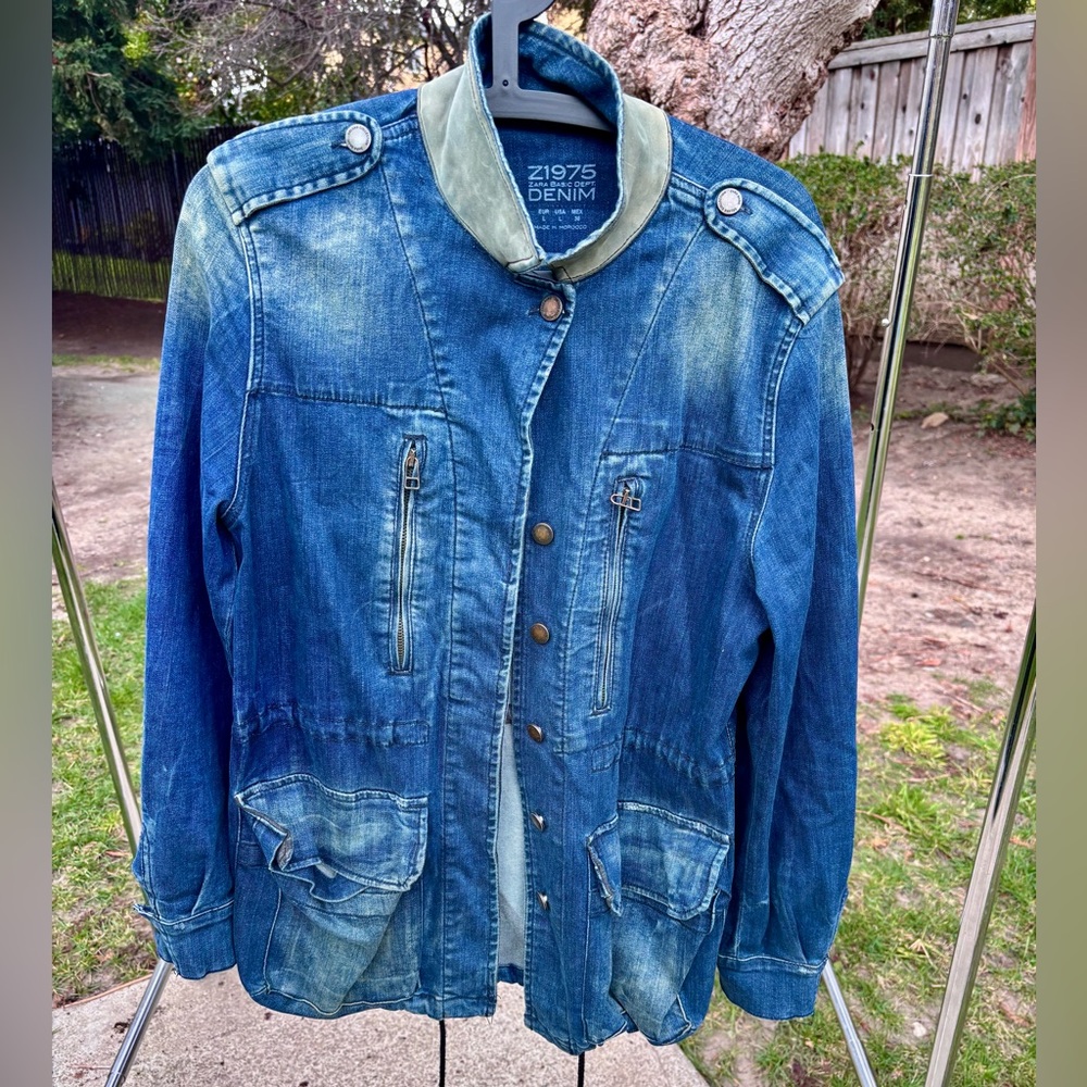 Zara Z1975 Denim Blue Jacket with leather size large women